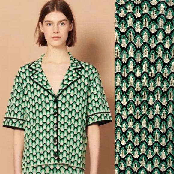 Sandro Sweaters - SANDRO Orthis Green Black Geo Knit Short Sleeve Oversized Cardigan Top Retro 1 S